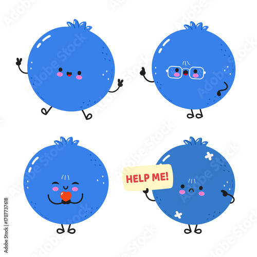 Cute cartoon blueberries showcasing various emotions in a fun and playful style.