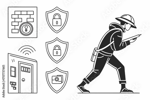 Security Guard Surveillance and Home Protection Icons.
