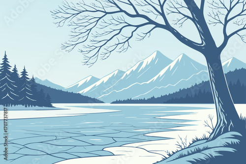 Serene Winter Mountain Landscape with Frozen Lake.