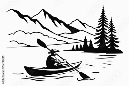 Silhouette of a person kayaking in a mountain lake.