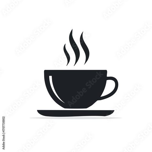Simple black silhouette of a steaming coffee cup and saucer on a white background.