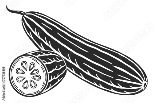 Stylized Black and White Cucumber Illustration.