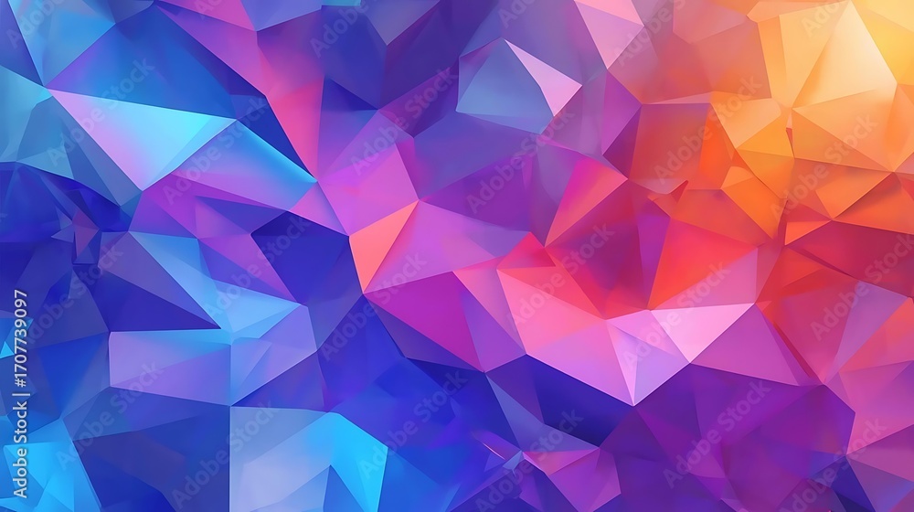Fototapeta premium A vibrant abstract geometric background with a gradient of blues, purples, and oranges, composed of numerous interconnected polygons.