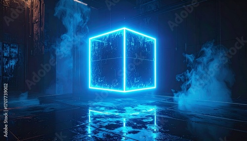 A vibrant glowing blue neon cube floats above a reflective wet surface amidst mysterious blue smoke in a dark, abstract environment.