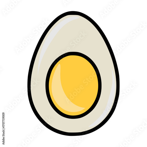 A playful vector illustration of a halved egg, showcasing a creamy white egg white and a vibrant yellow yolk, presented in a bold, cartoonish style.