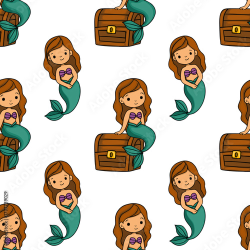 Seamless vector pattern featuring adorable cartoon mermaids with brown hair and teal tails, playfully interacting with antique wooden treasure chests on a white background.