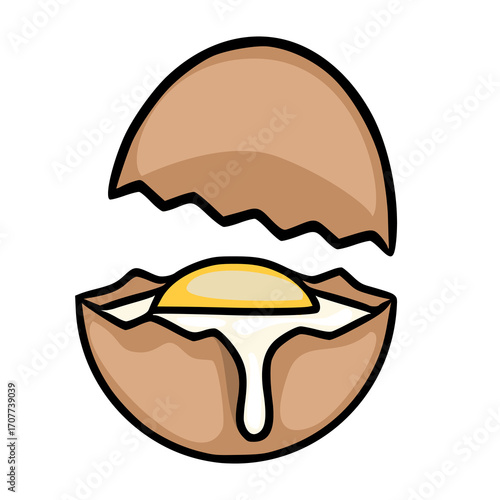 A whimsical vector illustration of a cracked egg with a runny yolk, showcasing a cartoonish style with bold outlines and warm brown and yellow tones.