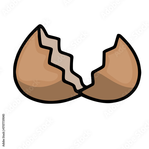 A whimsical vector illustration of a cracked eggshell, featuring a zig-zag fracture line and warm brown tones, perfect for Easter or spring-themed designs.