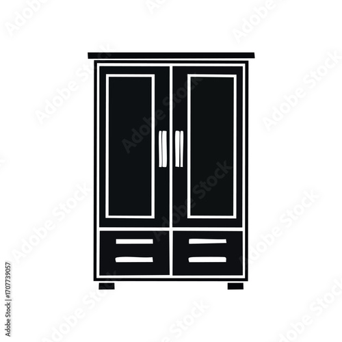 Simple black silhouette of a double-doored wardrobe with drawers.