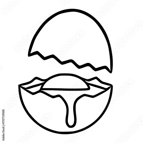 A whimsical vector illustration of a cracked egg with a yolk resembling a stylized sun, featuring a dripping effect, rendered in bold black lines against a white backdrop.