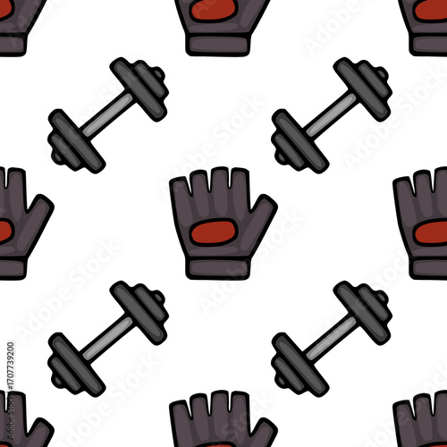 Seamless vector pattern featuring hand-drawn dumbbells and weightlifting gloves, a playful design for fitness-themed projects.