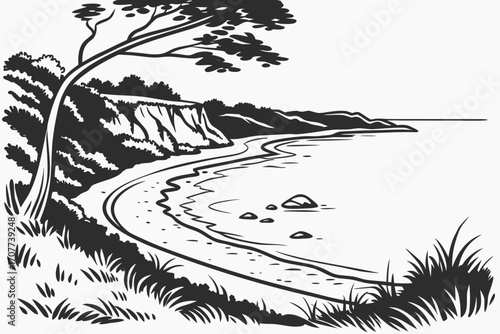 Stylized Coastal Landscape with Tree and Cliffs.