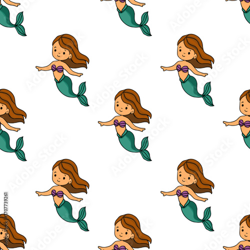 Seamless vector pattern featuring charming cartoon mermaids with teal tails and auburn hair, swimming gracefully against a white background, perfect for children's textile designs.