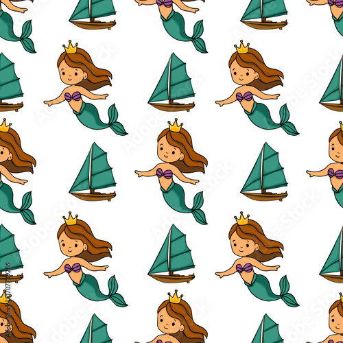Seamless vector pattern featuring charming mermaids with golden crowns and teal sailboats on a white background, creating a whimsical underwater scene.