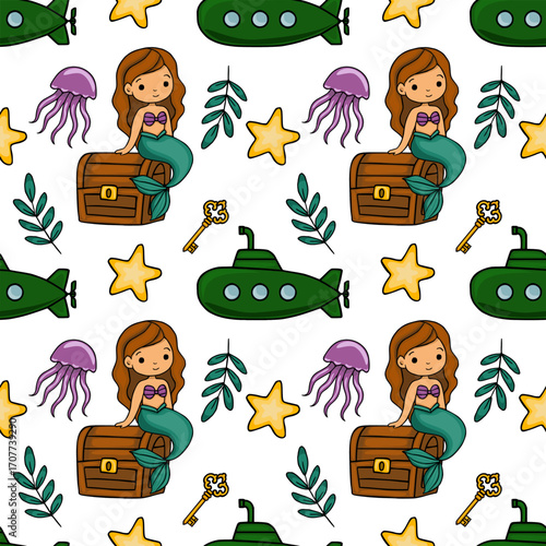 Seamless vector pattern with cute mermaids sitting on treasure chests, submarines, jellyfish, starfish, and keys, creating a whimsical underwater world illustration.