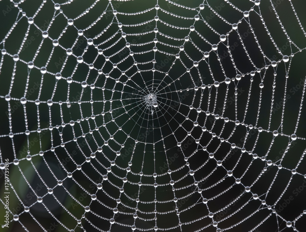 Fototapeta premium Dew drops decorating an intricate spiderweb on dark background