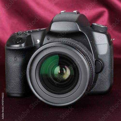 DSLR camera on maroon background
