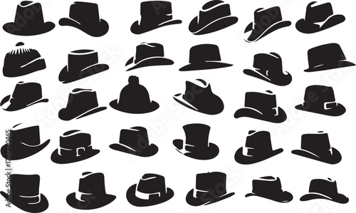 hat silhouette icons, cap vector artwork, fashion hat doodle, trendy cap icon set, stylish hat outline, hat clip art pack, minimal cap design, professional headwear symbols, hat collection doodle, cla