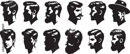 male hairstyle silhouette, beard haircut icons, barber shop hair outline, men grooming silhouette, trendy hairstyle vector, haircut man design, fashion barber icon set, stylish beard outline, modern h