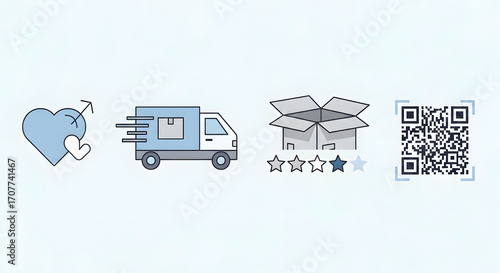 Minimalist line vector icon pack for digital services, featuring love, delivery, product ratings, and QR codes for clean web and app interfaces