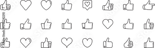 like icons, thumbs up symbols, heart like vector, approval pictograms, social media icons, feedback icons, online vote symbols, thumbs up vector, like outline graphics, rating icons set