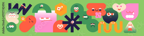 Composition of different geometric shapes with happy, sad, crying, scared and angry emotions on faces. Various abstract figures- circles, squares, curves and lines. Flat isolated vector illustration