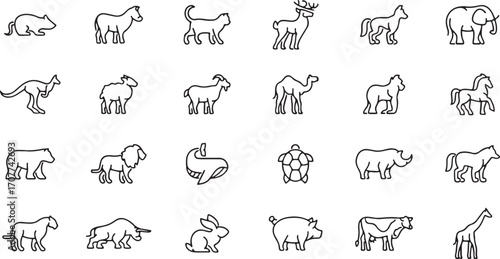 farm animal icons, domestic animal silhouettes, goat and sheep icons, cow and pig symbols, camel and horse icons, livestock vector icons, farm pet pictograms, rural animal graphics, agriculture animal