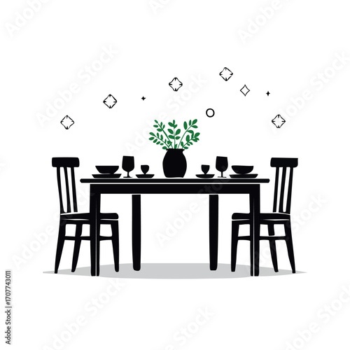 Illustration of a dining table set for a meal, featuring chairs and a floral centerpiece.