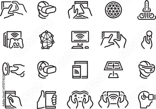 technology icons, computer symbols, digital vector icons, mobile device pictograms, internet and web icons, software outline symbols, tech gadget vector, hardware silhouette icons, digital network sym