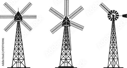 PrintVector illustration of vintage and modern windmills, traditional wind turbine designs, energy generation, farm landscape, renewable power source concept.