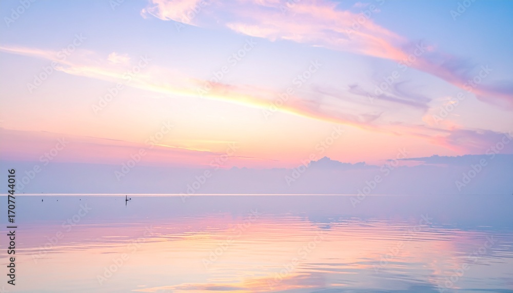 Fototapeta premium Serene pastel sunrise over calm water reflecting the soft sky and clouds.