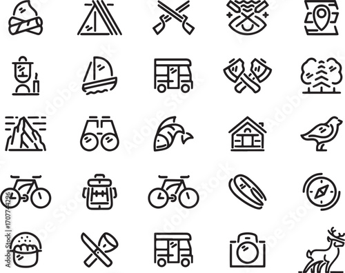 travel icon vector, camping doodle icons, tourist activity outline, outdoor travel symbol, camping tools set, vacation travel doodle, adventure trip icons, backpack journey outline, travel equipment v
