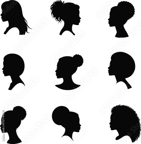 Set of female profile silhouettes, diverse women hairstyles in side view, elegant black vector illustrations for design, branding, prints