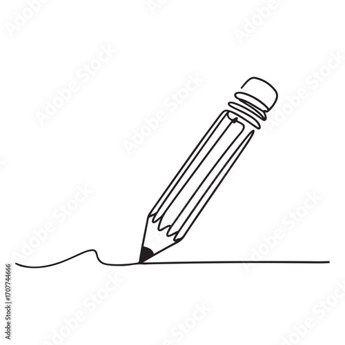 Continuous one Black line Art drawing wooden pencil for writing on paper. Back to school hand drawn minimalism concept. with white background