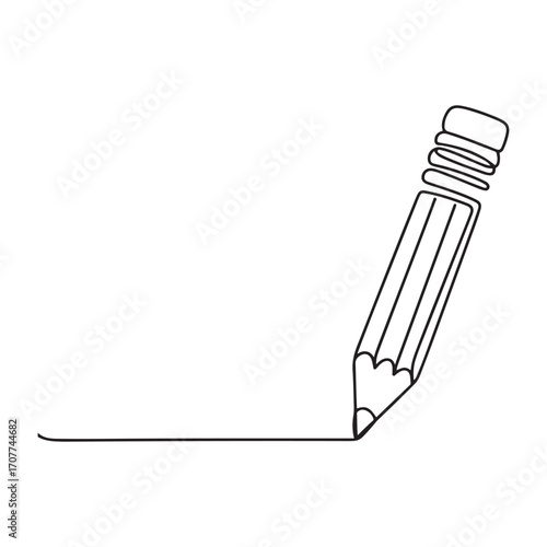 Continuous one Black line Art drawing wooden pencil for writing on paper. Back to school hand drawn minimalism concept. with white background