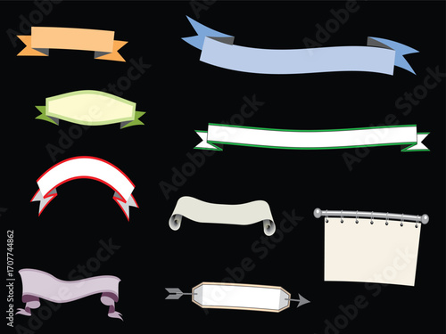 Collection of colorful vintage ribbon banners and scrolls on a black background