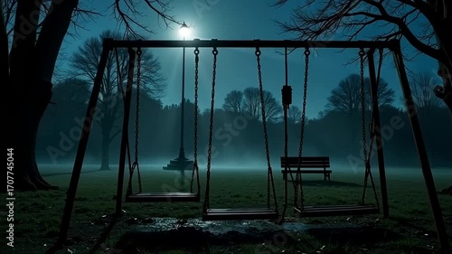 Eerie moonlight illuminates an empty playground swing set on a foggy night.