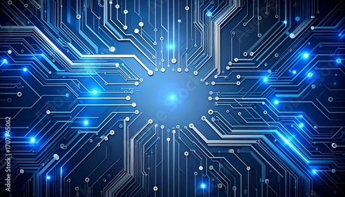 A digital rendering of a computer circuit board with glowing blue lights, representing technology.