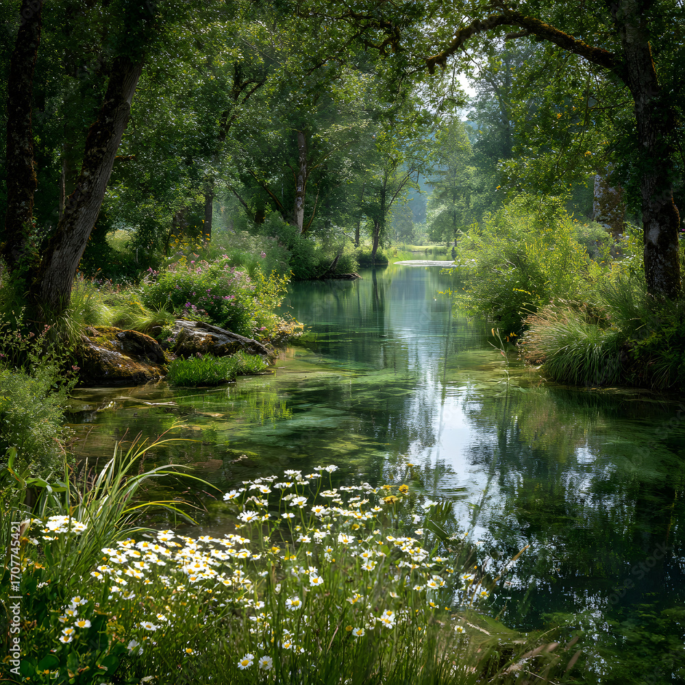 Obraz premium Restored Lake with Flowers on Water Bank Under Sunny Blue Sky 