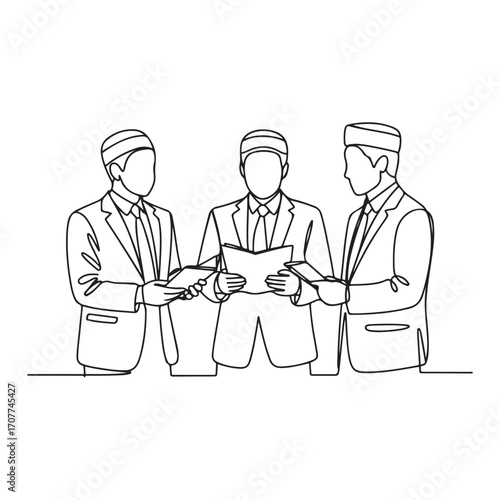 One single line Art drawing of young happy muslim managers discussing stock exchange movements. with white background