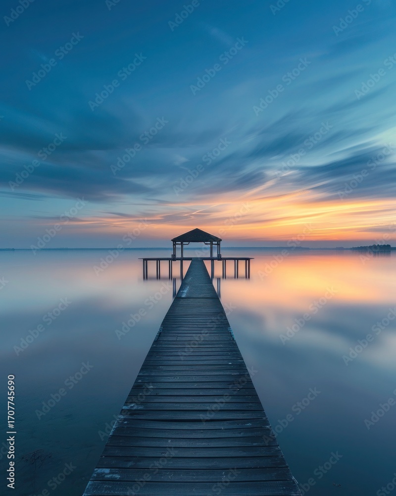 Fototapeta premium Wooden pier stretching into calm lake at sunset in Florida