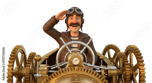Steampunk Aviator Saluting in Gear-Driven Vehicle
