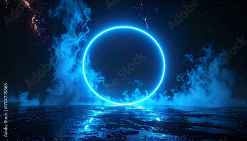 A glowing blue neon circle surrounded by ethereal smoke against a dark background.