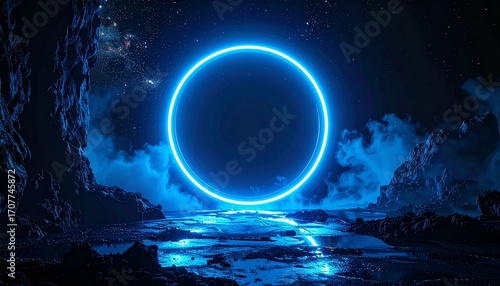A glowing blue ring illuminated in a dark, rocky landscape, reflecting on water.