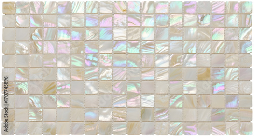 Decorative mother of pearl mosaic tiles with glossy surface and iridescent pastel rainbow reflections © MonTeArt
