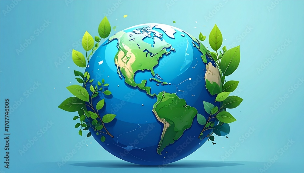 Naklejka premium Illustration of Earth with green leaves growing around it, symbolizing environmental awareness and sustainability on a light blue background.