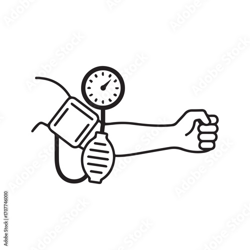 Blood pressure check line icon. Vector illustration of a sphygmomanometer with cuff on arm for medical diagnosis. Healthcare and cardiology symbol.
