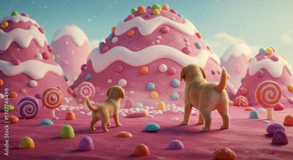 Obraz premium Puppies in Wonderland: Two adorable golden retrievers, embark on a whimsical adventure in a candy-coated wonderland, surrounded by towering, fantastical treats and sugary delights.