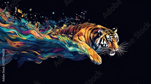 Tiger leaping through vibrant abstract paint splatter