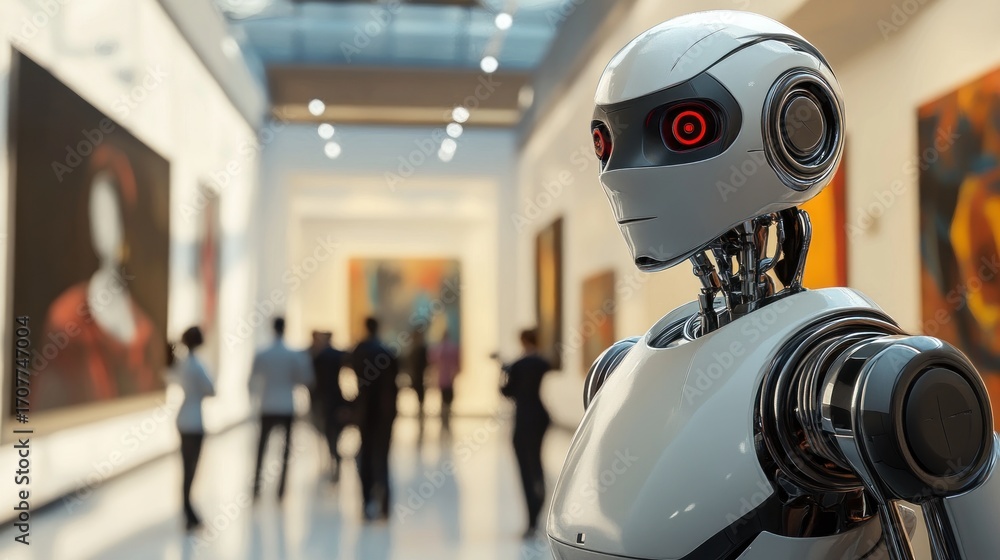 Fototapeta premium AI robot in art museum. People viewing